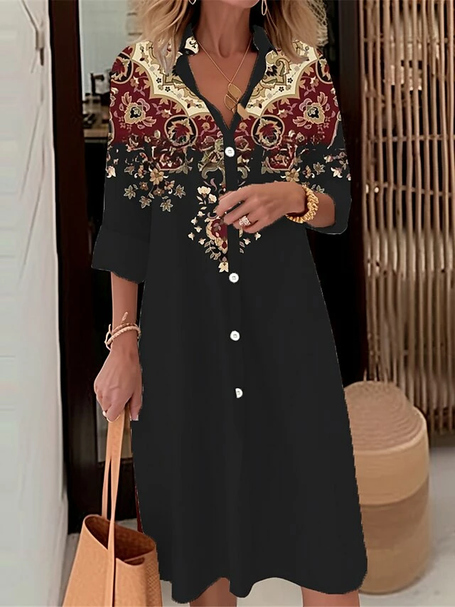 Women's Shirt Dress Casual Dress Midi Dress Outdoor Daily Date Polyester Fashion Modern Shirt Collar Button Pocket Long Sleeve Fall Winter 2023 Loose Fit Black Wine Red Floral S M L XL 2XL 5 Women's Shirt Dress Casual Dress Midi Dress Outdoor Daily Date Polyester Fashion Modern Shirt Collar Button Pocket Long Sleeve Fall Winter 2023 Loose Fit Black Wine Red Floral S M L XL 2XL - Image 3