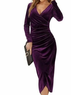 Women's Cocktail Party Dress Green Velvet Dress Black Dress Wedding Guest Dress Bodycon Midi Dress Purple Wine Dark Long Sleeve Pure Color Ruched Split V Neck