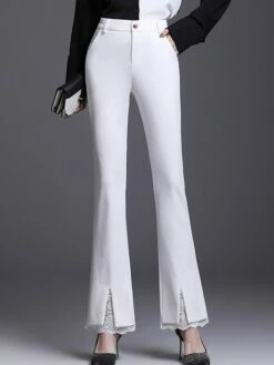 Women's Dress Pants Bootcut Flare Full Length Lace Micro-elastic High Waist Fashion Streetwear Office Office / Career 3011# White Trousers 3011# Black Trousers S M Fall Winter