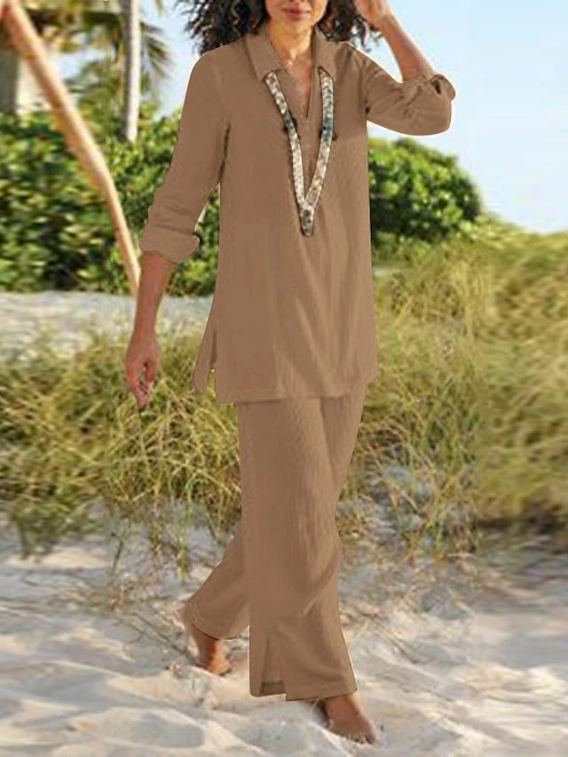 Women's Shirt Pants Sets Black Dark Navy Camel Plain Long Sleeve Casual Daily Vintage Fashion Streetwear V Neck Regular Fit Fall & Winter 6 Women's Shirt Pants Sets Black Dark Navy Camel Plain Long Sleeve Casual Daily Vintage Fashion Streetwear V Neck Regular Fit Fall & Winter - Image 4