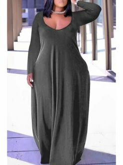 Women‘s Plus Size Curve Sheath Dress Solid Color V Neck Long Sleeve Winter Fall Casual Modern Maxi Long Dress Holiday Weekend Dress -LIGHTINTHEBOX Shop mqynok1668674504289