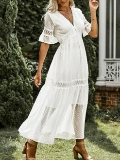 Women's Long Dress Maxi Dress Party Dress Casual Dress Sundress Pure Color Basic Casual Outdoor Daily Vacation Lace Patchwork Half Sleeve V Neck Dress Loose Fit White Summer Spring S M L XL XXL -LIGHTINTHEBOX Shop mrnkps1678356604296
