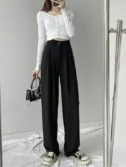 Women's Dress Pants Wide Leg Pants Trousers Full Length Micro-elastic High Waist Fashion Streetwear Office Work Black White S M Fall Winter -LIGHTINTHEBOX Shop mrnpud1695112638216