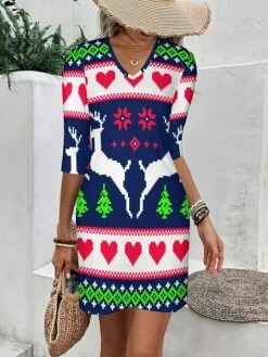 Women's Casual Dress Christmas Dress Print Dress Santa Claus Deer Print V Neck Midi Dress Classic Christmas Daily 3/4 Length Sleeve Regular Fit White Red Green Fall S M L XL XXL -LIGHTINTHEBOX Shop mrnvpe1695203193458