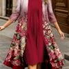 Women's Plus Size Curve Casual Dress Dress Set Two Piece Dress Floral Midi Dress 3/4 Length Sleeve Print Crew Neck Fashion Outdoor Red Blue Fall Winter L XL XXL 3XL 4XL