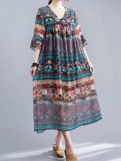 Women's Casual Dress Cotton Linen Dress Swing Dress Midi Dress Linen / Cotton Blend Fashion Classic Outdoor Daily Holiday V Neck Ruched Ruffle 3/4 Length Sleeve Fall Winter Autumn 2023 Loose Fit Blue -LIGHTINTHEBOX Shop mruycu1693553161914