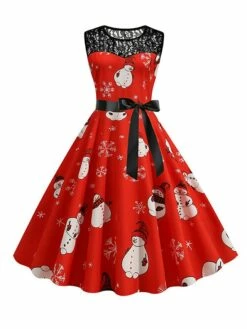 Women‘s Christmas Retro 1950s Vintage Dress Midi Dress Party Patchwork Bow Santa Claus Crew Neck Sleeveless Regular Fit Fall Winter 2023 Black Wine S M L XL -LIGHTINTHEBOX Shop mscwso1694501409039