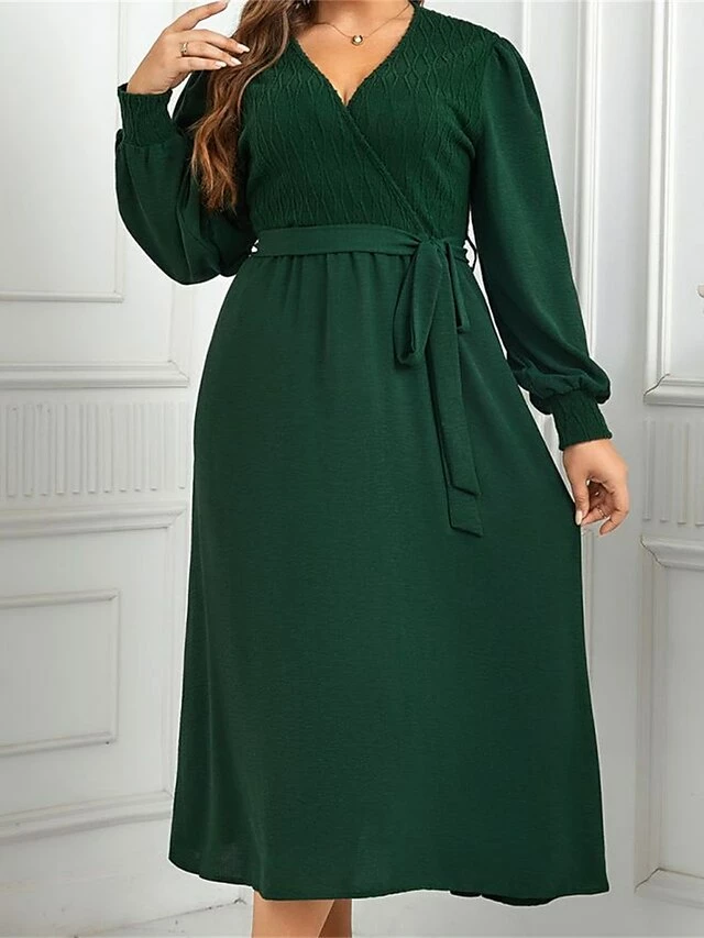 Women's Plus Size Curve Casual Dress Sheath Dress Plain Midi Dress Long Sleeve Lace Up Split V Neck Fashion Outdoor Green Fall Winter XL XXL 3XL 4XL 7 Women's Plus Size Curve Casual Dress Sheath Dress Plain Midi Dress Long Sleeve Lace Up Split V Neck Fashion Outdoor Green Fall Winter XL XXL 3XL 4XL - Image 5