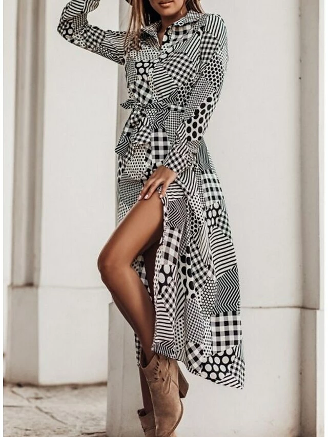 Women's Sheath Dress Midi Dress Black Yellow Light Brown Long Sleeve Polka Dot Split Winter Fall Autumn Shirt Collar Winter Dress Fall Dress Loose Fit S M L XL XXL 5 Women's Sheath Dress Midi Dress Black Yellow Light Brown Long Sleeve Polka Dot Split Winter Fall Autumn Shirt Collar Winter Dress Fall Dress Loose Fit S M L XL XXL - Image 3