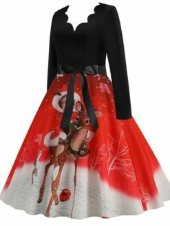 Women's Christmas Casual Dress Swing Dress Midi Dress Green Wine Light Red Fuchsia Red Long Sleeve Santa Claus Elk Bow Print Winter Fall V Neck Vacation Vintage 2022 S M L XL XXL 3XL -LIGHTINTHEBOX Shop mudkvh1666761908809