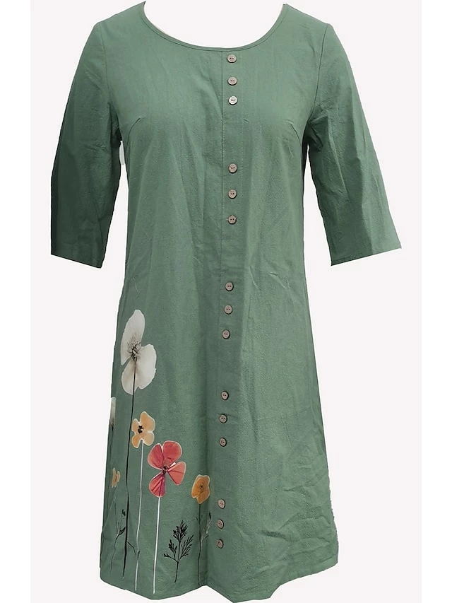Women's Cotton Linen Dress Casual Dress Shift Dress Midi Dress Cotton Blend Fashion Casual Outdoor Daily Crew Neck Button Print Half Sleeve Summer Spring Fall 2023 Regular Fit Green Floral S M L XL 4 Women's Cotton Linen Dress Casual Dress Shift Dress Midi Dress Cotton Blend Fashion Casual Outdoor Daily Crew Neck Button Print Half Sleeve Summer Spring Fall 2023 Regular Fit Green Floral S M L XL - Image 2