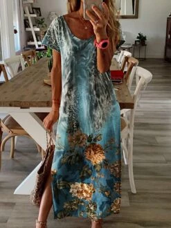 Women's Casual Dress Summer Dress Print Dress Floral Split Print Crew Neck Long Dress Maxi Dress Fashion Streetwear Outdoor Daily Short Sleeve Regular Fit Blue Summer S M L XL XXL