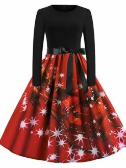 Women's Christmas Swing DressKnee Length Dress Green Blue Purple Red Long Sleeve Print Snowflake Bow Print Fall Winter Crew Neck Stylish 2022 S M L XL 2XL