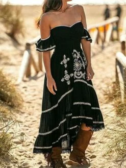 Women's Prom Dress Party Dress Lace Dress Long Dress Maxi Dress Black Short Sleeve Flower Lace Summer Spring Off Shoulder Fashion Evening Party Wedding Guest Vacation Loose Fit 2023 S M L XL XXL 3XL