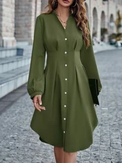 Women's Shirt Dress Casual Dress Mini Dress Outdoor Daily Date Polyester Fashion Modern V Neck Ruched Button Long Sleeve Fall Winter 2023 Loose Fit ArmyGreen Orange Apricot Pure Color S M L XL -LIGHTINTHEBOX Shop mwrdgq1695644876972