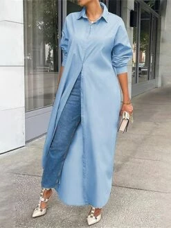 Women's Shirt Dress Casual Dress Midi Dress Outdoor Daily Vacation Polyester Fashion Modern Shirt Collar Split Long Sleeve Fall Winter 2023 Loose Fit Black White Yellow Plain S M L XL XXL