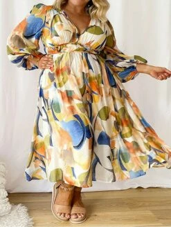 Women's Plus Size Curve Casual Dress A Line Dress Geometric Color Block Midi Dress Long Sleeve Patchwork Print V Neck Fashion Daily Yellow Fall Winter XXL 3XL 4XL