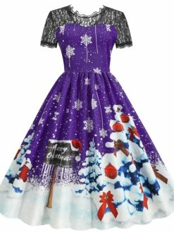Women's Christmas Casual Dress Swing Dress Midi Dress Blue Purple Red Short Sleeve Tree Lace Print Winter Fall Crew Neck Vacation Vintage 2022 S M L XL XXL 3XL -LIGHTINTHEBOX Shop mxfzlk1666597243236