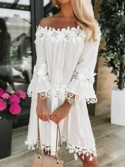 Women's Casual Dress Lace Dress Shift Dress Plain Tassel Fringe Lace Off Shoulder Midi Dress Basic Fashion Outdoor Daily 3/4 Length Sleeve Loose Fit White Spring Summer S M L XL XXL