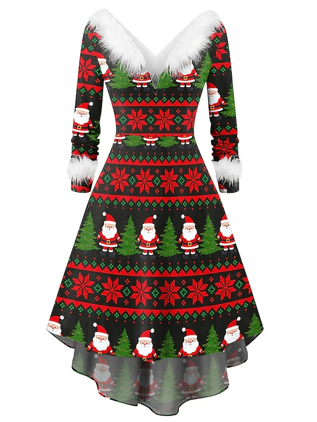 Women's Christmas Swing Dress Vintage Dress Midi Dress Green Silver Wine Red Brown White Long Sleeve Print Plus High Low Print Winter Fall V Neck Vintage Romantic Traditional 2022 S M L XL 2XL 14 Women's Christmas Swing Dress Vintage Dress Midi Dress Green Silver Wine Red Brown White Long Sleeve Print Plus High Low Print Winter Fall V Neck Vintage Romantic Traditional 2022 S M L XL 2XL - Image 12