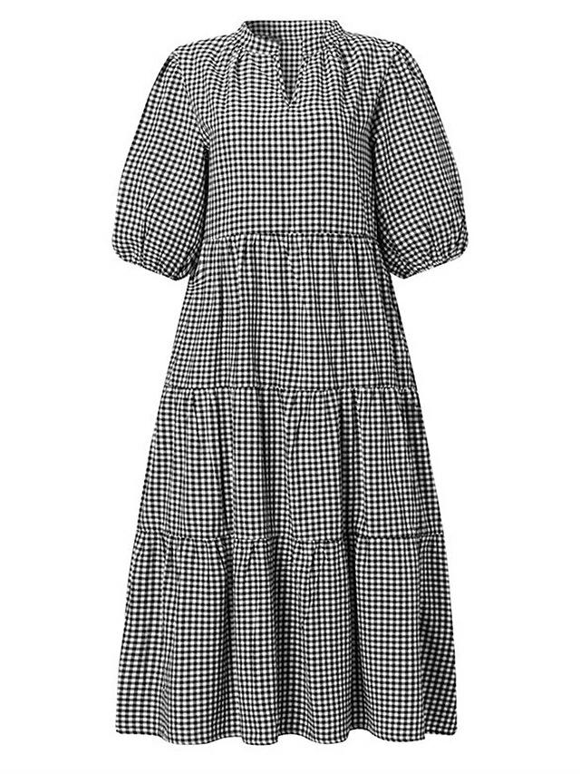 Women's Casual Dress Cotton Dress Midi Dress Cotton Basic Classic Outdoor Daily Vacation V Neck Print Long Sleeve Spring Fall Winter 2023 Loose Fit Black Yellow Red Plaid S M L XL 2XL 7 Women's Casual Dress Cotton Dress Midi Dress Cotton Basic Classic Outdoor Daily Vacation V Neck Print Long Sleeve Spring Fall Winter 2023 Loose Fit Black Yellow Red Plaid S M L XL 2XL - Image 5