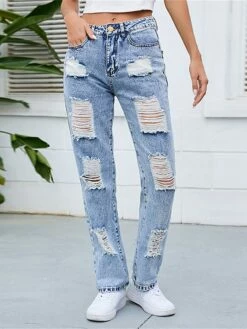 Women‘s Moms Jeans Pants Trousers Full Length Cotton Ripped Micro-elastic Mid Waist Fashion Streetwear Street Daily Light Blue S M Summer Fall