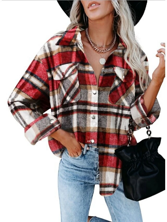 Women's Blouse Shacket Pink Red Blue Plaid Button Pocket Print Long Sleeve Casual Fashion Shirt Collar Regular Fit Spring &Fall 12 Women's Blouse Shacket Pink Red Blue Plaid Button Pocket Print Long Sleeve Casual Fashion Shirt Collar Regular Fit Spring &Fall - Image 10