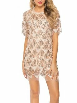 Women‘s Party Dress Fringe Dress Sequin Dress Homecoming Dress Mini Dress Black Champagne Short Sleeve Pure Color Sparkly Glitter Sequins Spring Fall Winter Crew Neck Fashion Winter Dress -LIGHTINTHEBOX Shop nbdyjv1692690732280