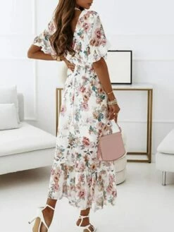 Women's Casual Dress Boho Dress Midi Dress Black White Pink Half Sleeve Floral Print Summer Spring V Neck Vacation 2023 S M L XL XXL -LIGHTINTHEBOX Shop nbeiik1646036342356