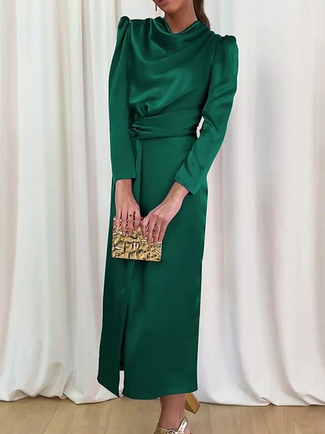 Women's Work Dress Satin Dress Semi Formal Dress Fashion Long Dress Maxi Dress Split Stand Collar Long Sleeve Plain Regular Fit Black Blue Sky Blue Fall Winter S M L XL 9 Women's Work Dress Satin Dress Semi Formal Dress Fashion Long Dress Maxi Dress Split Stand Collar Long Sleeve Plain Regular Fit Black Blue Sky Blue Fall Winter S M L XL - Image 7