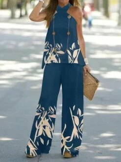 Women's Tank Top Pants Sets White Yellow Dark Navy Graphic Floral Plant Print Sleeveless Casual Holiday Streetwear Daily Halter Neck Regular Fit Fall & Winter