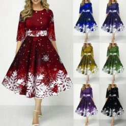 Women's Christmas Skater Dress Print DressMidi Dress Green Purple Dark Red Dark Blue Black 3/4 Length Sleeve Print Snowflake Patchwork Print Fall Winter Crew Neck Fashion Party 2022 S M L XL 2XL 3XL