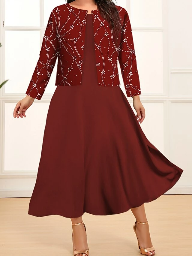 Women's Plus Size Two Piece Dress Set Casual Dress Swing Dress Outdoor Office Fashion Streetwear Print Midi Dress Crew Neck Long Sleeve Floral Plaid Regular Fit Pink Dark Pink Blue Fall Winter L XL 7 Women's Plus Size Two Piece Dress Set Casual Dress Swing Dress Outdoor Office Fashion Streetwear Print Midi Dress Crew Neck Long Sleeve Floral Plaid Regular Fit Pink Dark Pink Blue Fall Winter L XL - Image 5