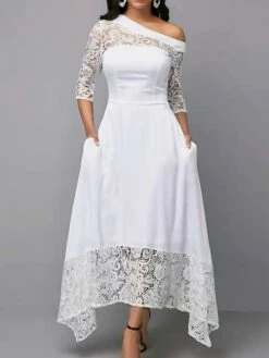 Women‘s Party Dress Wedding Guest Dress Lace Dress White Dress Long Dress Maxi Dress White 3/4 Length Sleeve Pure Color Lace Winter Fall Autumn Cold Shoulder Elegant Spring Dress 2023 S M L XL XXL