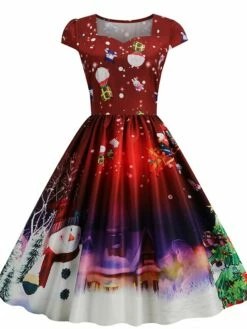 Women's Christmas Swing Dress Vintage DressKnee Length Dress Blue Wine Red Light BlueShort Sleeve Santa Claus Snowman Tree Print Fall Winter Square Neck Vintage Elegant Slim 2022 S M L XL -LIGHTINTHEBOX Shop ndygae1665475227897