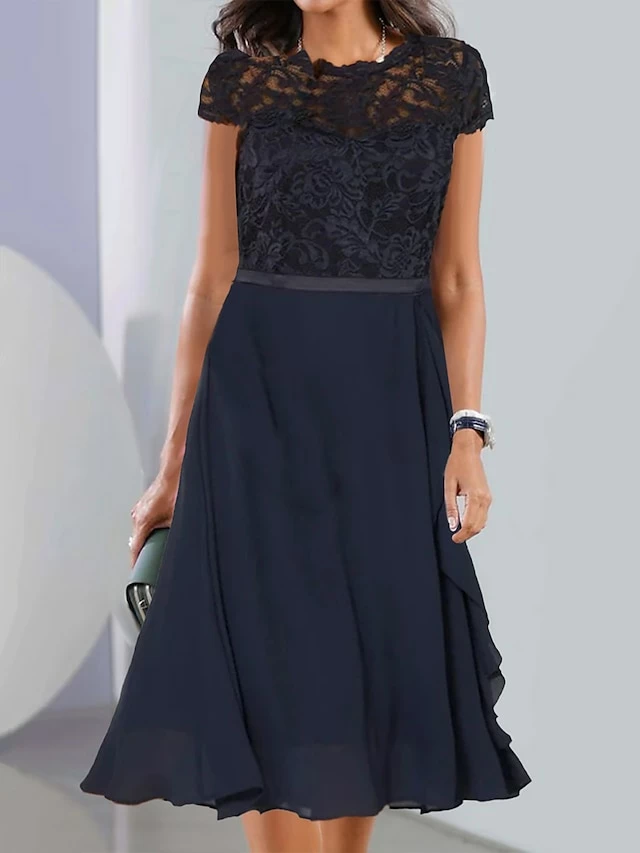 Women's Party Dress Lace Dress Cocktail Dress Midi Dress Dark Blue Short Sleeve Pure Color Lace Summer Spring Fall Crew Neck Fashion Vacation Summer Dress 2023 S M L XL 2XL 3XL 4 Women's Party Dress Lace Dress Cocktail Dress Midi Dress Dark Blue Short Sleeve Pure Color Lace Summer Spring Fall Crew Neck Fashion Vacation Summer Dress 2023 S M L XL 2XL 3XL - Image 2
