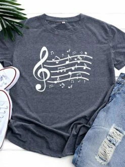 Women's T Shirt Tee 100% Cotton Black White Light Green Music Print Short Sleeve Daily Weekend Basic Round Neck Regular Fit -LIGHTINTHEBOX Shop nfmkkf1646893743297