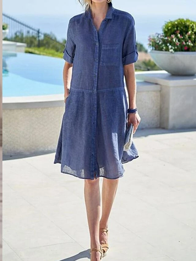 Women's Shirt Dress Casual Dress Cotton Linen Dress Midi Dress Linen / Cotton Blend Fashion Modern Outdoor Daily Vacation Shirt Collar Button Pocket Half Sleeve Summer Spring Fall 2023 Loose Fit Blue 4 Women's Shirt Dress Casual Dress Cotton Linen Dress Midi Dress Linen / Cotton Blend Fashion Modern Outdoor Daily Vacation Shirt Collar Button Pocket Half Sleeve Summer Spring Fall 2023 Loose Fit Blue - Image 2