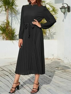 Women's Work Dress Swing Dress Black Dress Fashion Midi Dress Lace Up Ruched Crew Neck Long Sleeve Plain Loose Fit Black Blue Green Fall Winter S M L XL XXL -LIGHTINTHEBOX Shop nfoizl1693300613938