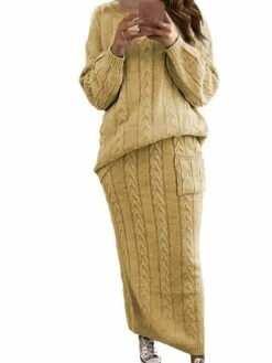 Women's Two Piece Dress Set Casual Dress Skirt Set Daily Holiday Fashion Streetwear Pocket Ribbed Long Dress Maxi Dress Crew Neck Long Sleeve Plain Loose Fit Black Yellow Wine Fall Winter S M L XL XXL -LIGHTINTHEBOX Shop ngerou1694165730963