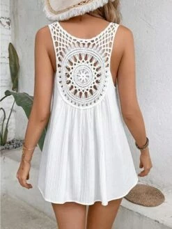 Women's Tank Top White Plain Lace Cut Out Sleeveless Casual Streetwear V Neck Regular Fit