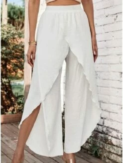 Women's Wide Leg Pants Trousers Baggy Full Length Faux Linen Split Baggy Fashion Casual Weekend White S M