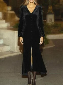 Women's Prom Dress Party Dress Velvet Dress Long Dress Maxi Dress Black Pink Wine Long Sleeve Pure Color Button Fall Winter Autumn V Neck Fashion Winter Dress Birthday Evening Party 2023 S M L XL XXL -LIGHTINTHEBOX Shop nhlffp1693535341330