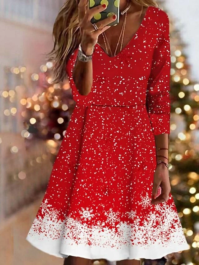 Women's Christmas Swing Dress Vintage Dress Mini Dress Wine Light Red Dark Blue Long Sleeve Deer Patchwork Winter Fall Autumn V Neck Vacation 2022 S M L XL XXL 3XL 4XL 5XL 6XL 7 Women's Christmas Swing Dress Vintage Dress Mini Dress Wine Light Red Dark Blue Long Sleeve Deer Patchwork Winter Fall Autumn V Neck Vacation 2022 S M L XL XXL 3XL 4XL 5XL 6XL - Image 5