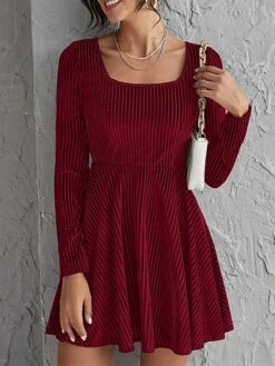 Women's Party Dress Velvet Dress Cocktail Dress Mini Dress Wine Long Sleeve Pure Color Ruched Spring Fall Winter Square Neck Fashion Winter Dress Wedding Guest Vacation 2023 S M L XL