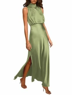 Women's Prom Dress Party Dress Satin Dress Long Dress Maxi Dress Black Light Green Wine Sleeveless Pure Color Split Summer Spring Stand Collar Fashion Evening Party Wedding Guest Vacation Loose Fit -LIGHTINTHEBOX Shop nisfpn1678413539382