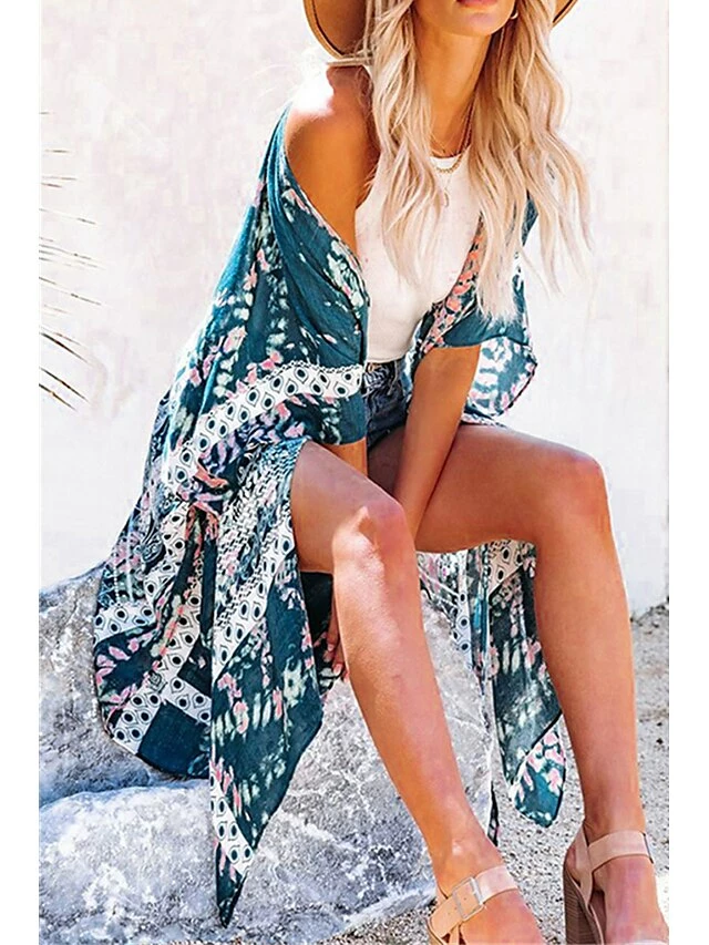 Women's Swimwear Cover Up Beach Top Normal Swimsuit UV Protection Printing Flower White Blue Green Bathing Suits New Vacation Stylish 9 Women's Swimwear Cover Up Beach Top Normal Swimsuit UV Protection Printing Flower White Blue Green Bathing Suits New Vacation Stylish - Image 7