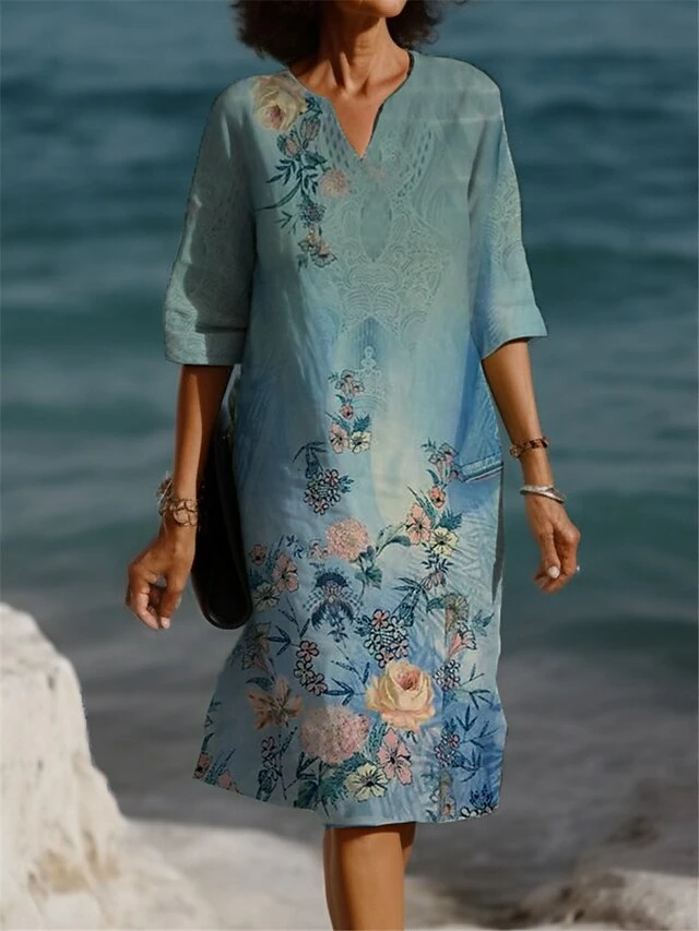 Women's Casual Dress Summer Dress Print Dress Floral Print V Neck Mini Dress Fashion Streetwear Outdoor Daily 3/4 Length Sleeve Loose Fit Yellow Blue Purple Summer Spring S M L XL XXL 4 Women's Casual Dress Summer Dress Print Dress Floral Print V Neck Mini Dress Fashion Streetwear Outdoor Daily 3/4 Length Sleeve Loose Fit Yellow Blue Purple Summer Spring S M L XL XXL - Image 2