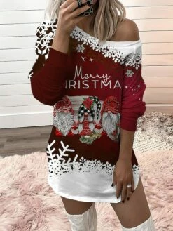 Women‘s Christmas Casual Dress Sweatshirt Dress Mini Dress Warm Fashion Outdoor Holiday Crew Neck Print Santa Claus Snowman Loose Fit Black White Red S M L XL XXL