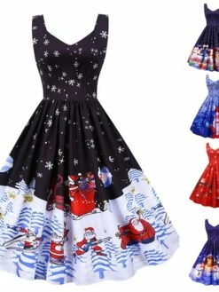 Women's Christmas Knee Length Dress Purple Black Red Navy Blue Light Blue Sleeveless Print Bow Print Fall Winter V Neck Casual Vintage2021 S M L XL XXL